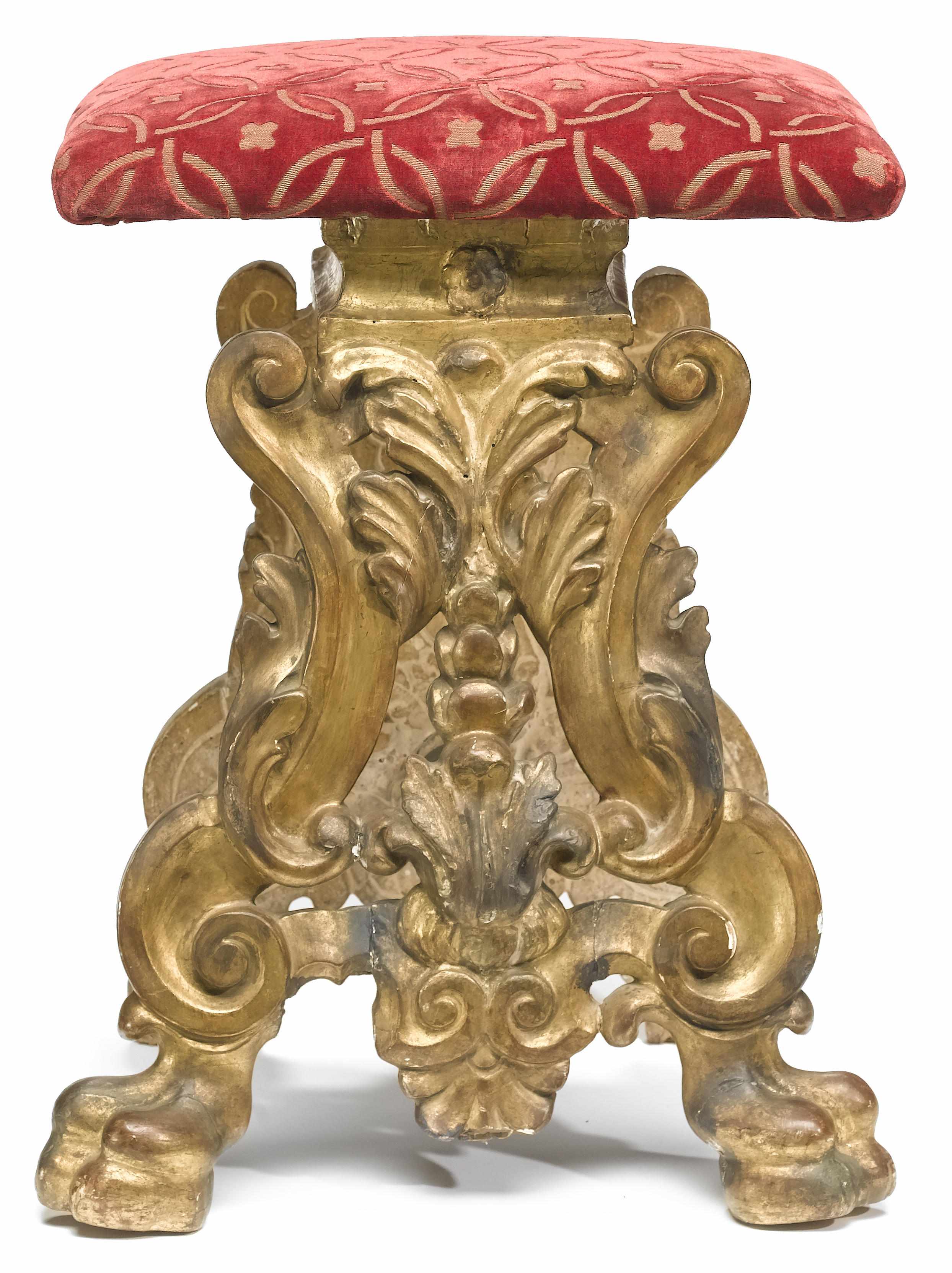 Appraisal: An Italian Baroque style giltwood stool incorporating antique and later