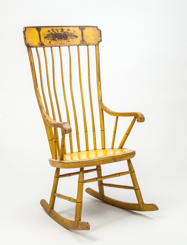 Appraisal: FEDERAL YELLOW PAINTED AND STENCILED SPINDLE-BACK ROCKING WINDSOR CHAIR x