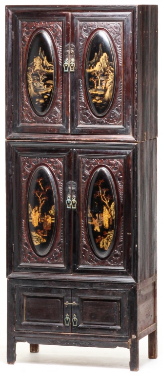 Appraisal: CHINESE CABINET ON FRAME Early th century pine Three piece