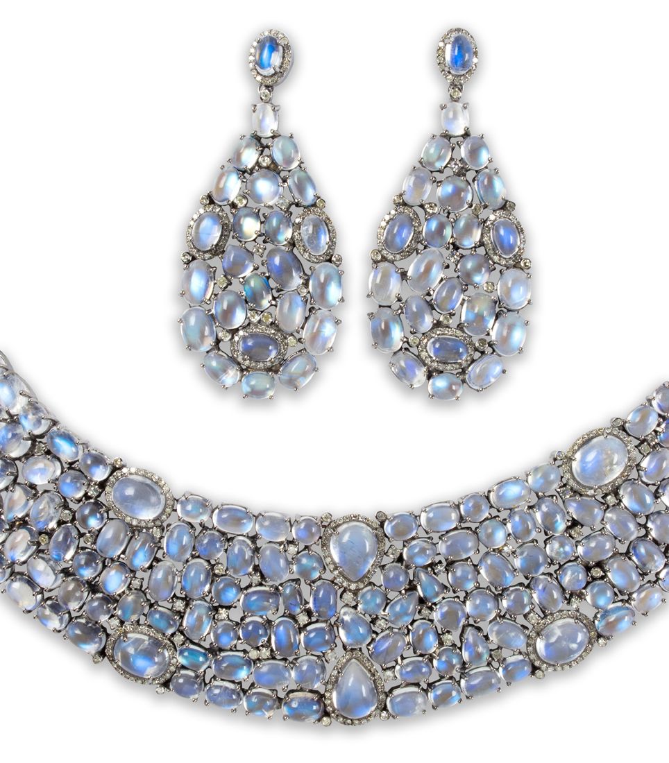 Appraisal: A PAIR OF BLUE MOONSTONE AND DIAMOND EARRINGS AND NECKLACE