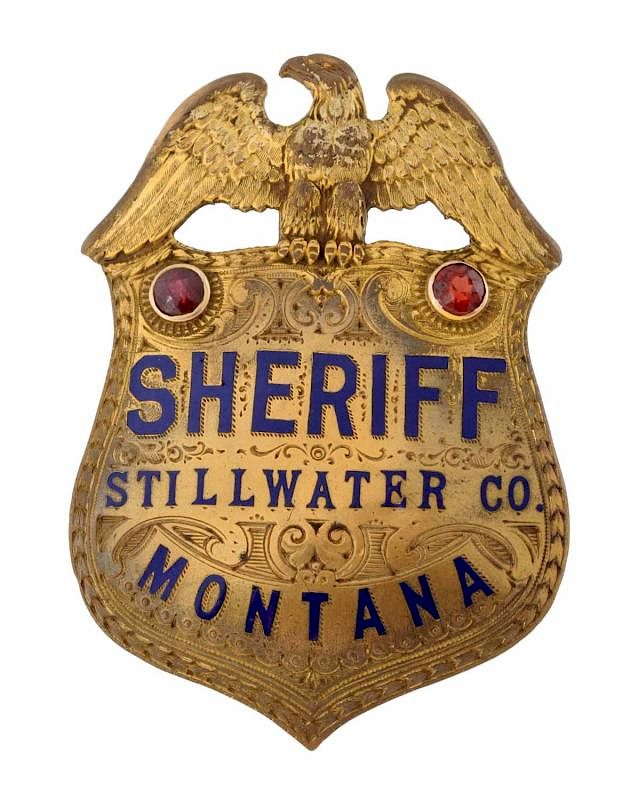 Appraisal: Gold Wash Sheriff Shield Badge Beautiful badge with two red