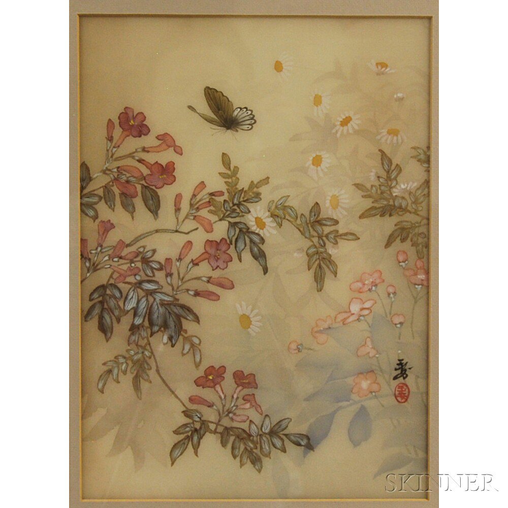 Appraisal: Japanese Watercolor on Silk depicting cherry blossoms daisies and a