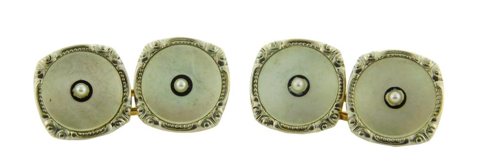 Appraisal: JEWELRY Pair of K pearl cushion shape cufflinks stamped and