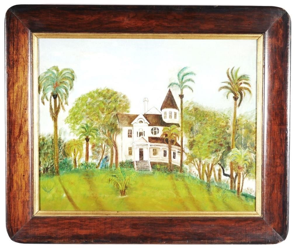 Appraisal: Oil on canvas painting of a whitewashed house surrounded by