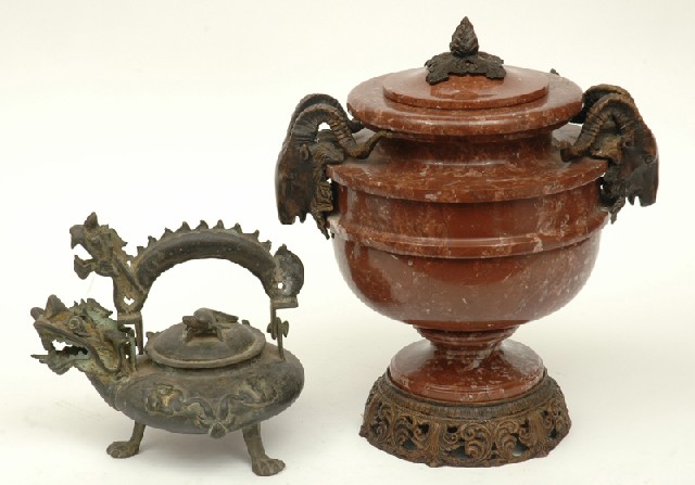 Appraisal: A MARBLE AND BRONZE RAM'S HEAD URN Together with a