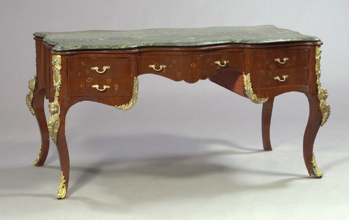 Appraisal: Louis XV-Style Marquetry-Inlaid and Brass-Mounted Marble-Top Bureau Plat the serpentine