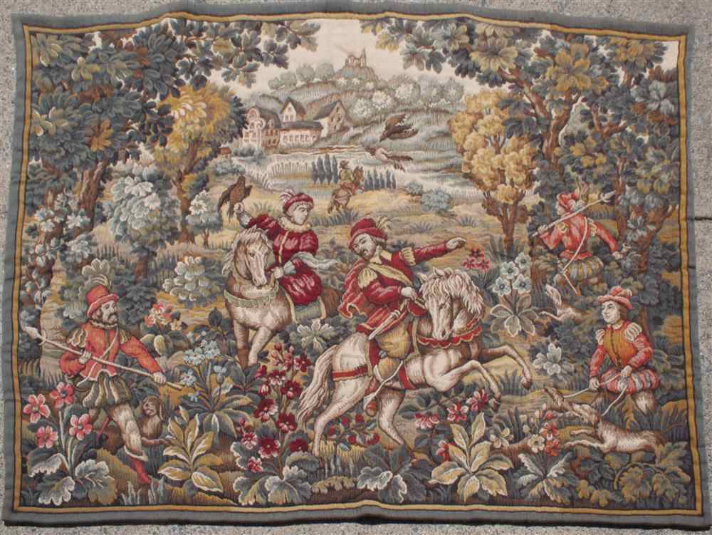 Appraisal: AUBUSSON WOOL TAPESTRY scene of five hunters with dogs and