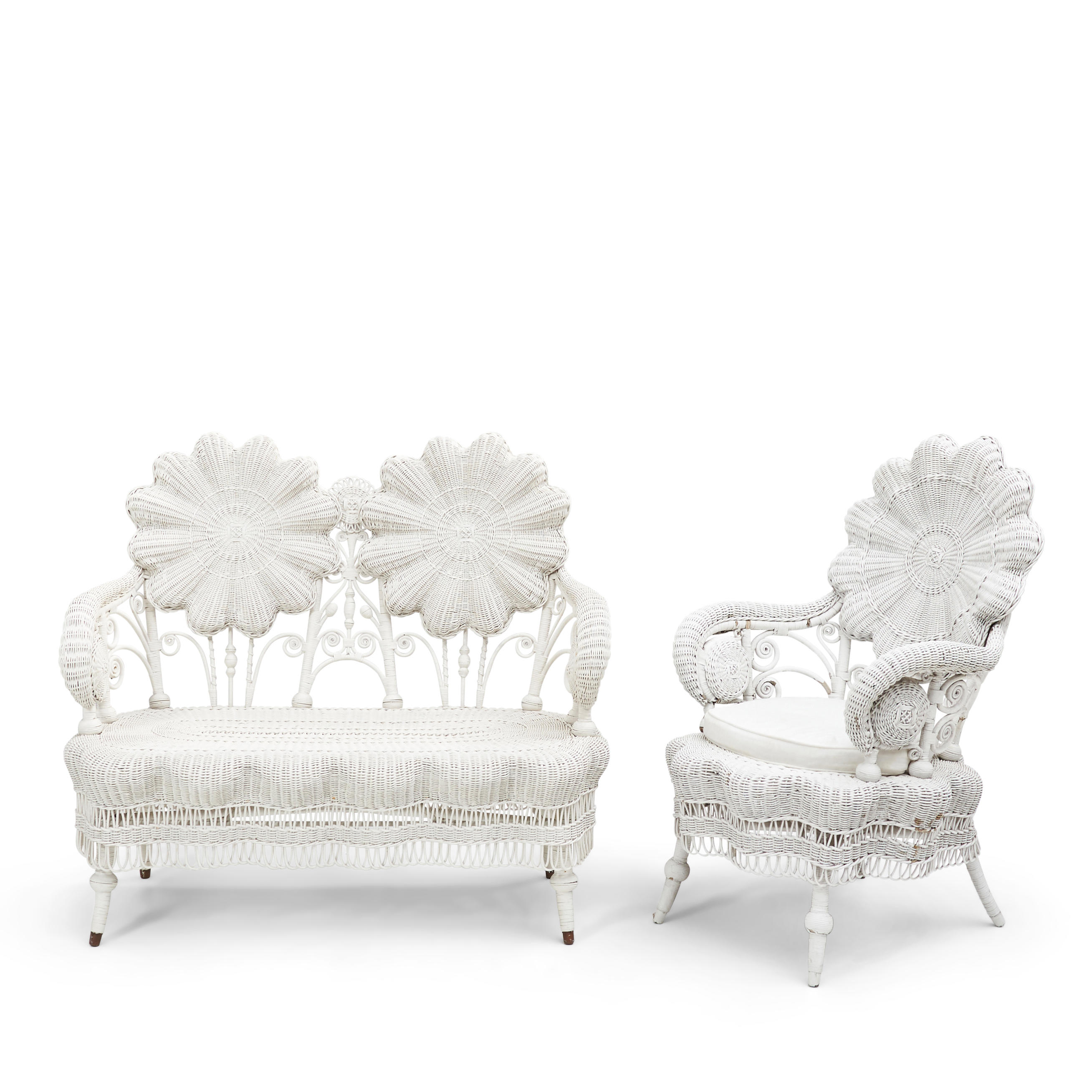 Appraisal: SUITE OF WHITE-PAINTED WICKER FURNITURE including a settee four chairs