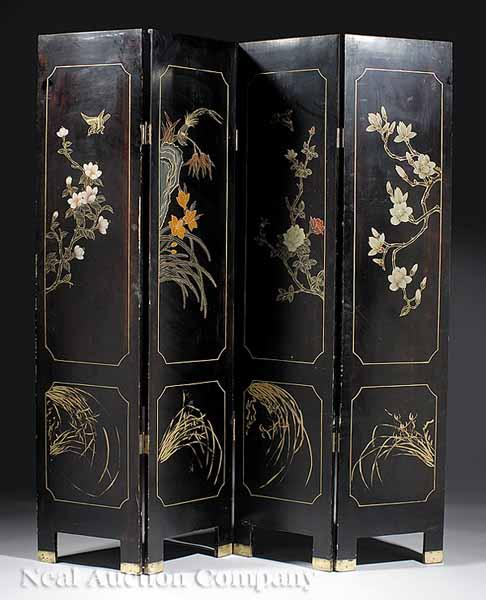 Appraisal: A Chinese Black Lacquer and Mother-of-Pearl Inlaid Four Panel Screen