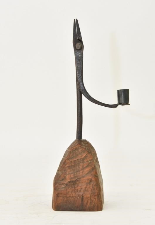 Appraisal: Iron rush light th c with wood base h x