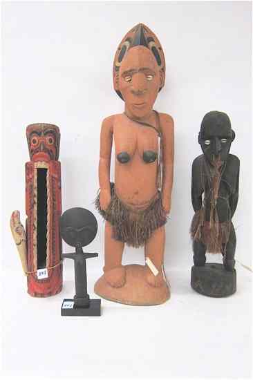 Appraisal: FOUR FIGURAL TRIBAL WOOD CARVINGS ''H Ashanti fertility doll Ghana