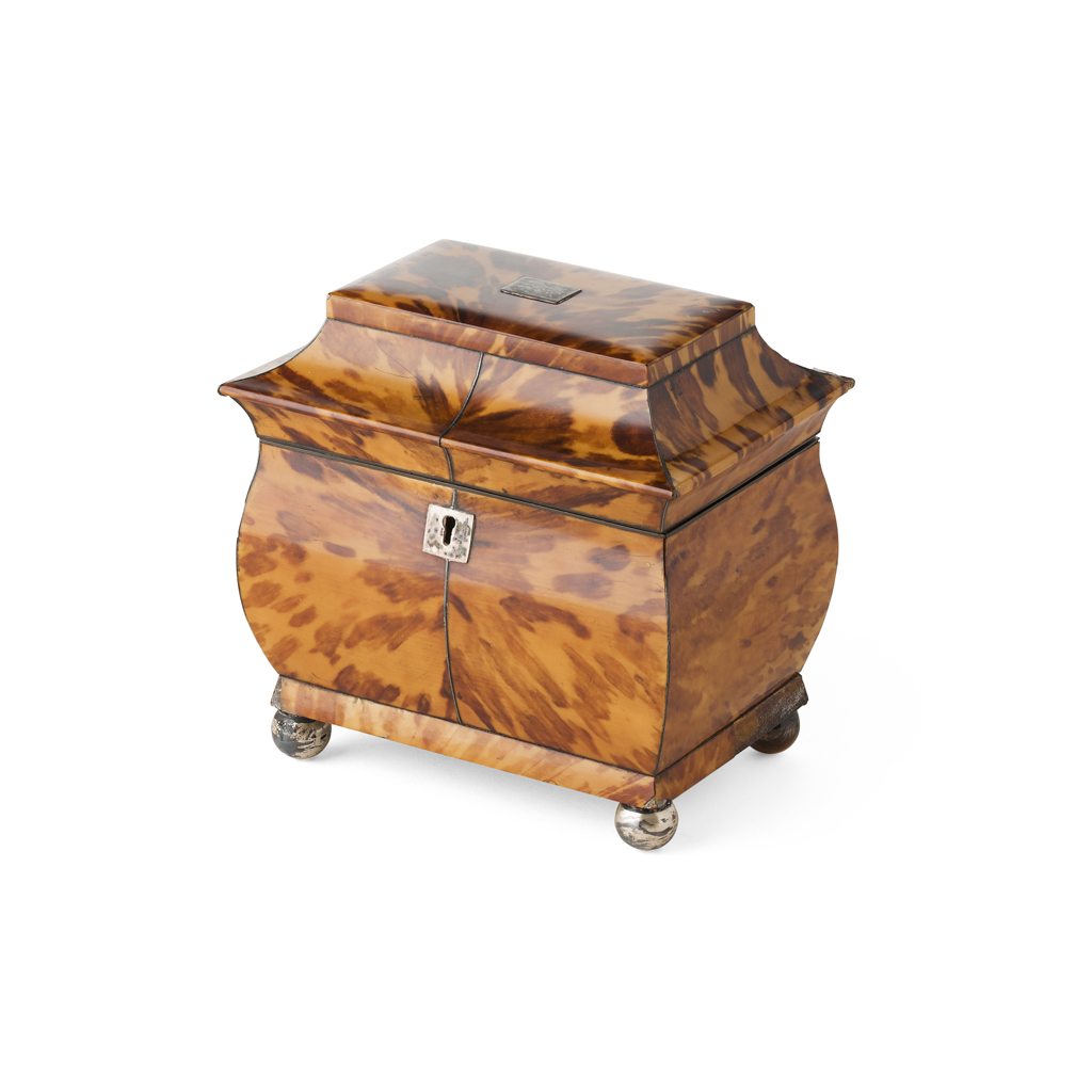 Appraisal: YREGENCY TORTOISESHELL TEA CADDY EARLY TH CENTURY of bombe sarcophagus