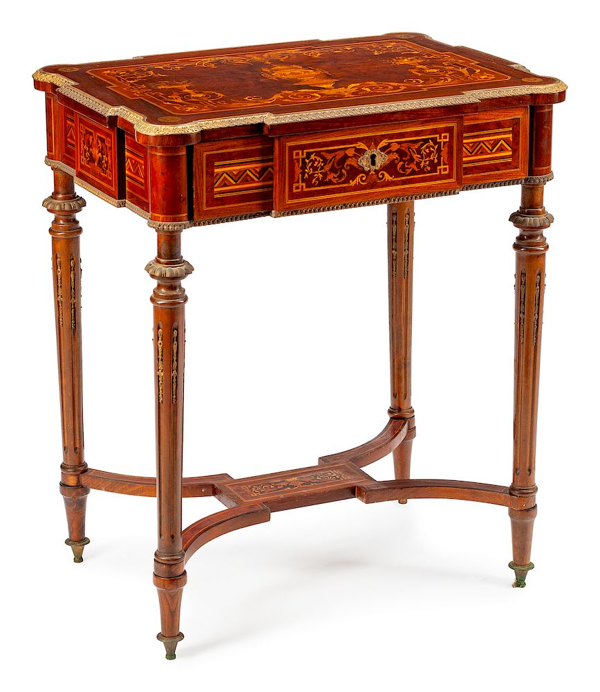 Appraisal: A French Bronze-Mounted Marquetry Work Table A Louis XVI Style