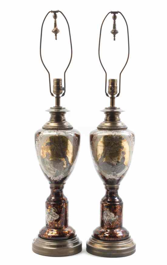 Appraisal: A Pair of Reverse Painted Glass Urns with figural decoration