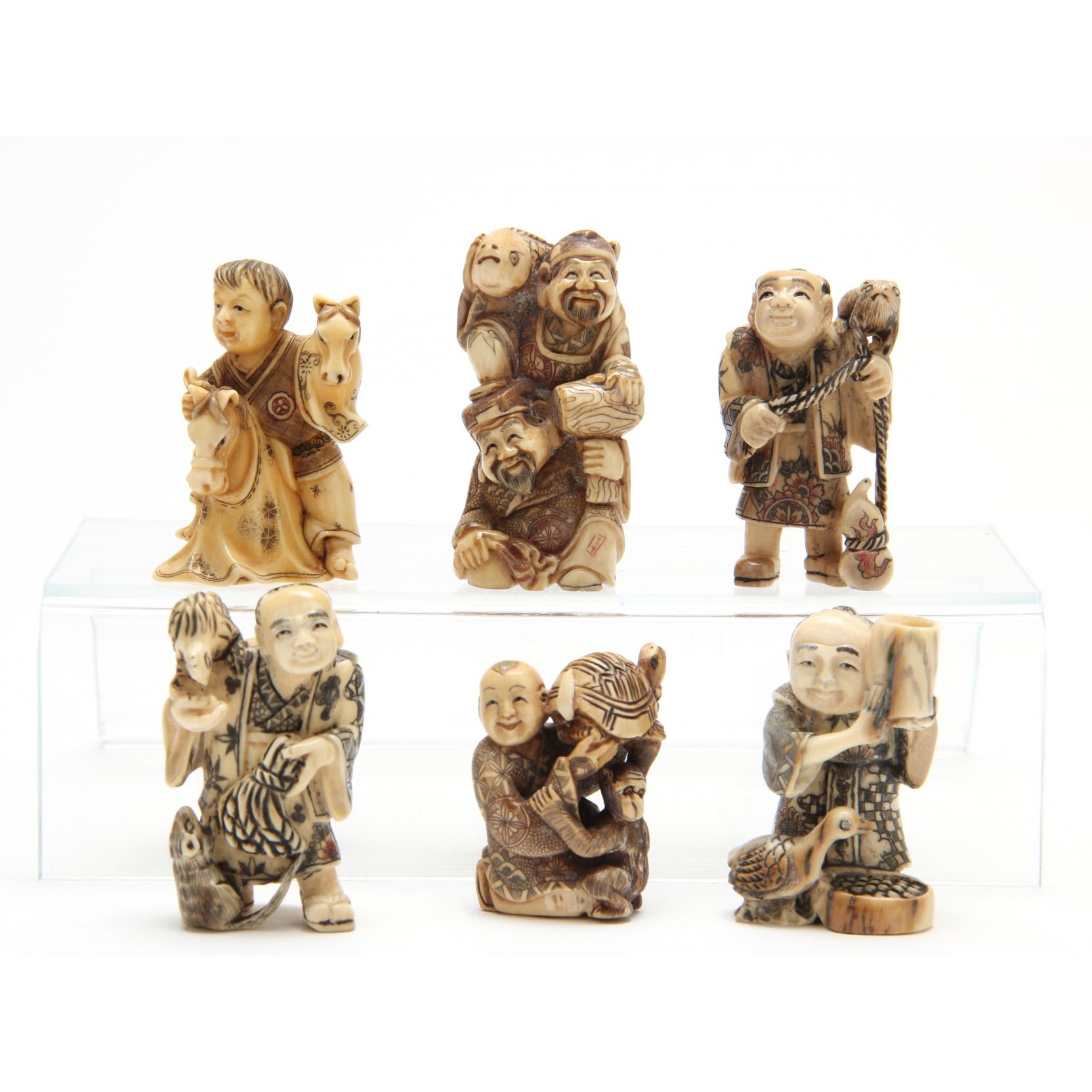 Appraisal: Group of Six Netsuke th century ivory all with signatures