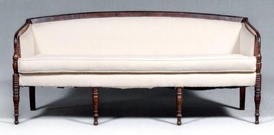 Appraisal: Federal mahogany upholstered sofa figured mahogany crest rail ring urn