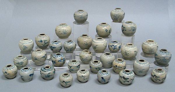 Appraisal: A group of thirty-two blue and white jarlets Late th