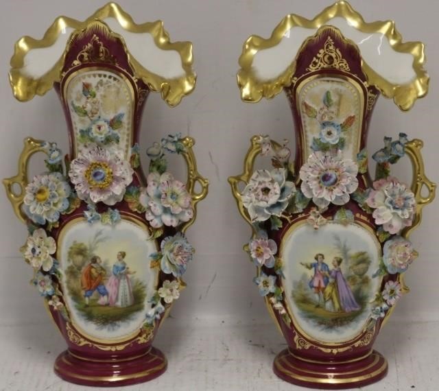 Appraisal: PAIR OF TH C PARIS PORCELAIN VASES WITH APPLIEDFLOWERS AND