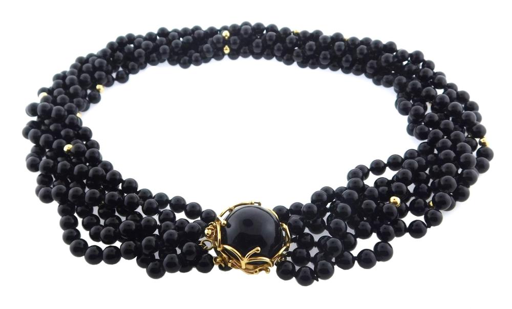 Appraisal: JEWELRY Multi-Strand onyx and gold bead necklace six strands of