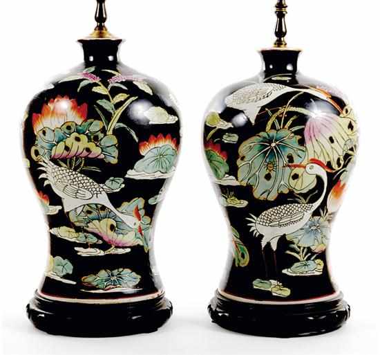 Appraisal: Pair Chinese Export famille noir urns converted to lamps th