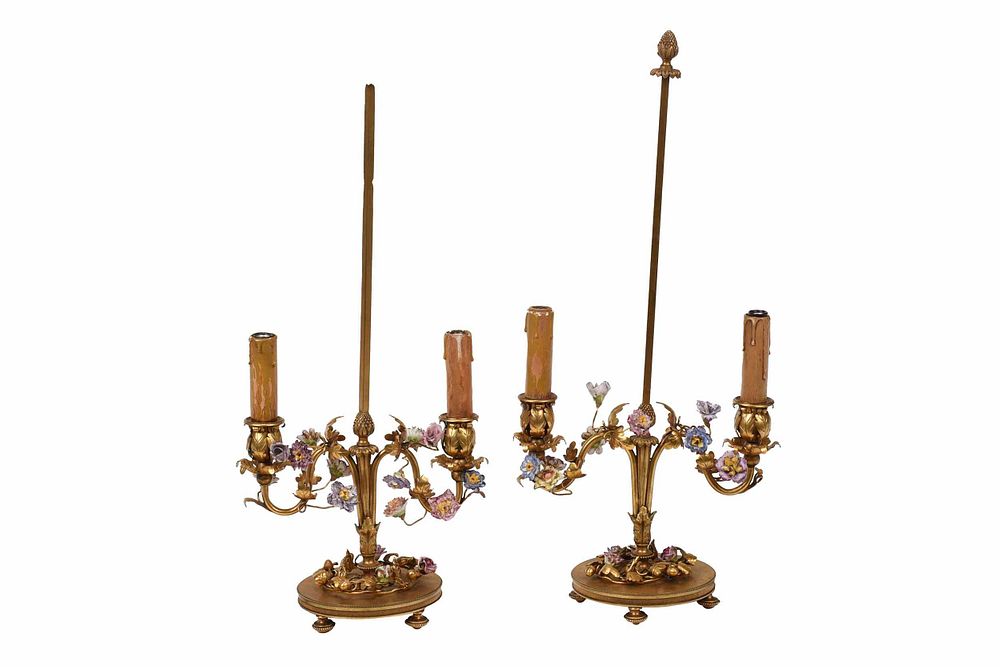 Appraisal: Pair Gilt Bronze and Porcelain Candelabra Lamps Continental late th