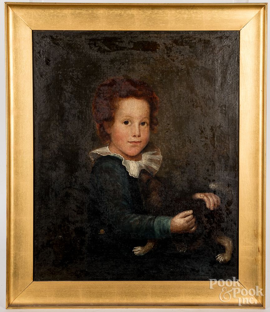 Appraisal: Oil on canvas portrait of a young boy and his