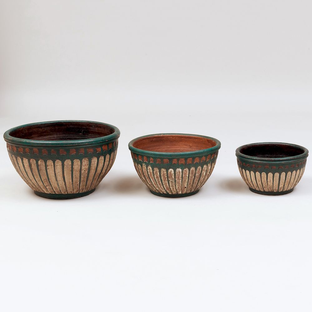 Appraisal: Set of Three Green and White Painted Terracotta Bowls Unmarked