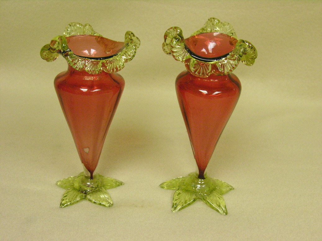 Appraisal: PAIR CRANBERRY VASELINE VASES Cranberry with applied vaseline rims and