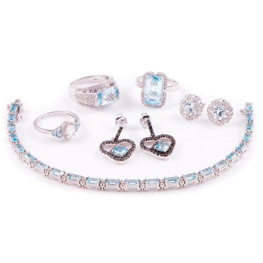 Appraisal: Gem-set diamond and sterling silver jewelry comprising rings pairs of