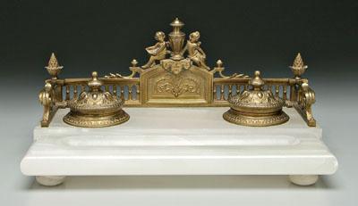 Appraisal: Bronze and marble desk set gallery with pineapple finials flanking