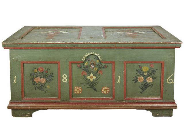 Appraisal: Outstanding antique German trunk completely hand painted in red on