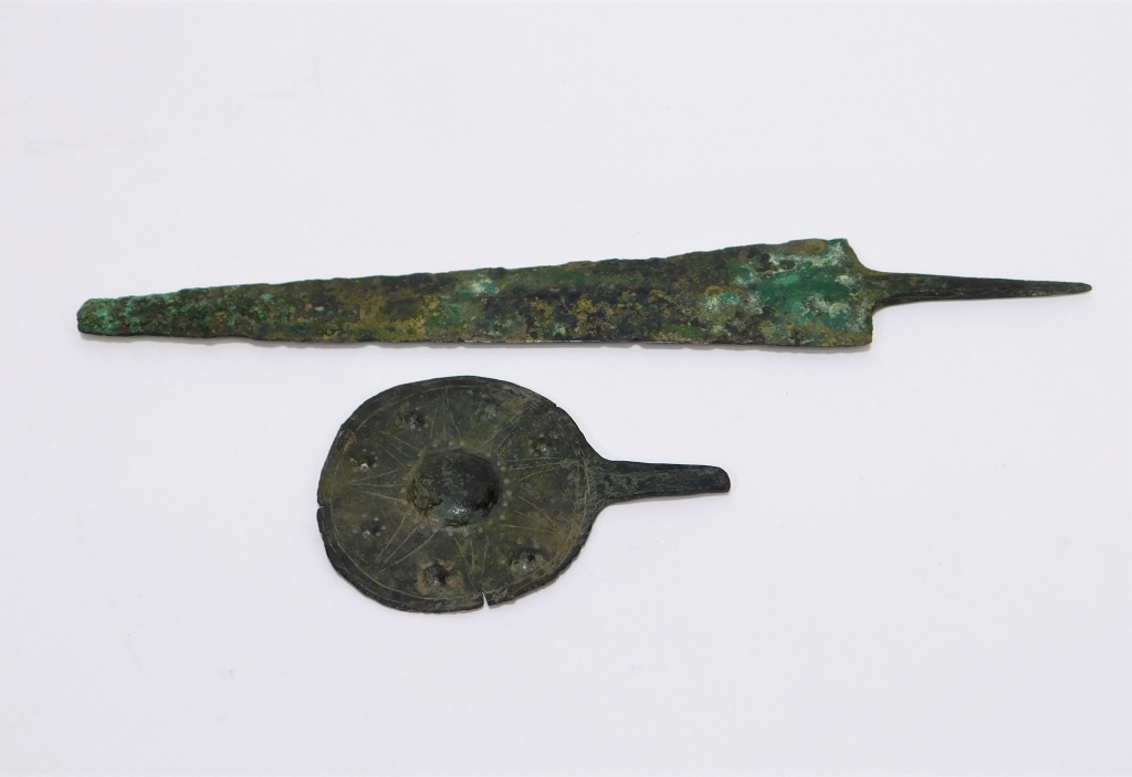 Appraisal: PC IRON AGE BRONZE DAGGER AND PIN GROUP Israel -