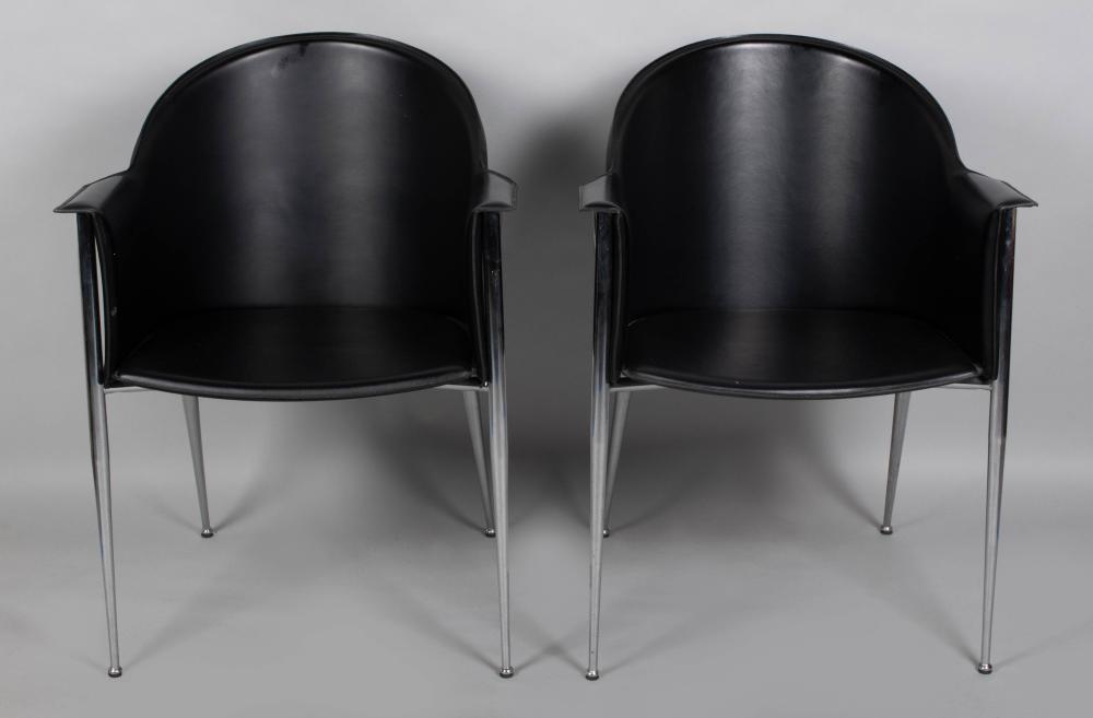 Appraisal: PAIR OF CONTEMPORARY LEATHER AND POLISHED METAL ARMCHAIRS the tub