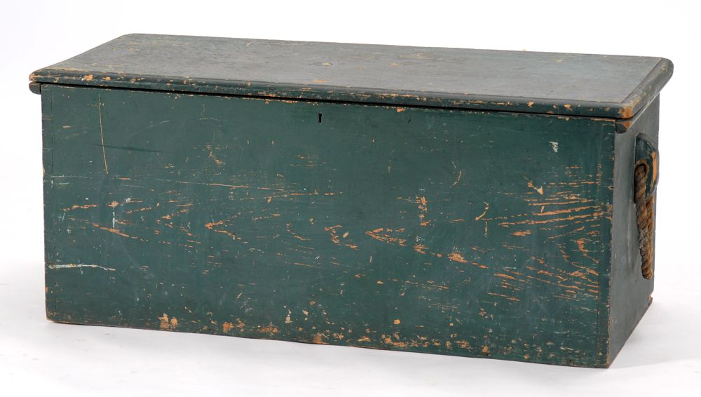 Appraisal: ANTIQUE PAINTED LIFT-TOP SEA CHEST th CenturyIn old gray-green paint