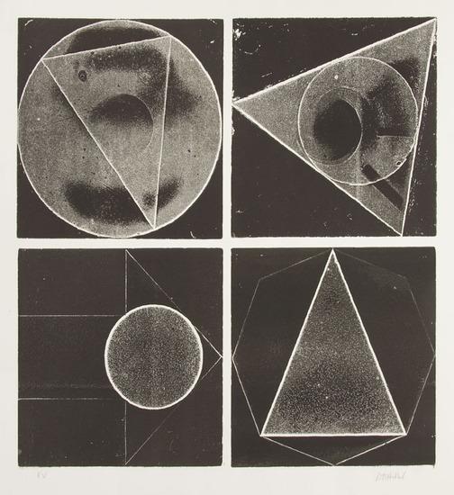 Appraisal: Donald HillelTwo etchings with viscosity roll Untitled geometric in black