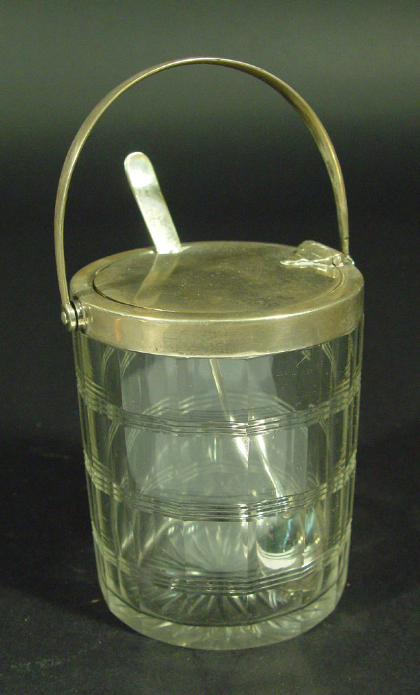 Appraisal: Cut glass barrel shaped preserve pot with hinged silver mount