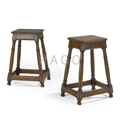 Appraisal: PAIR OF JACOBEAN STYLE STOOLS Walnut turned legs and stretcher