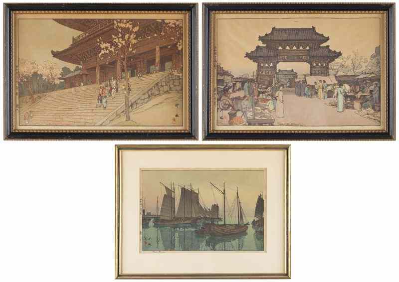 Appraisal: Three Woodblocks by Hiroshi Yoshida - including ''Market in Mukden''