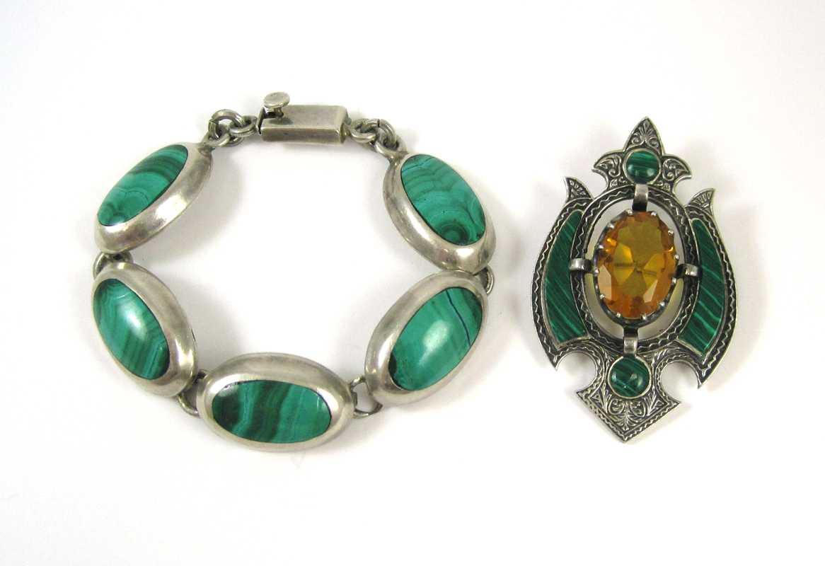 Appraisal: TWO ARTICLES OF MALACHITE AND SILVER JEWELRY including a -