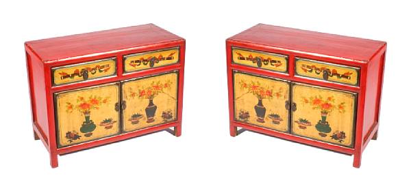 Appraisal: A pair of Chinese lacquer paint decorated low cabinets height