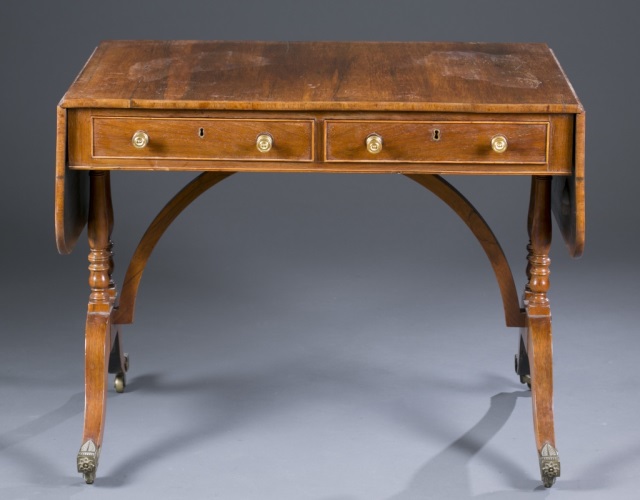 Appraisal: Regency-Style Drop Leaf Walnut Desk Two drawers with faux drawers