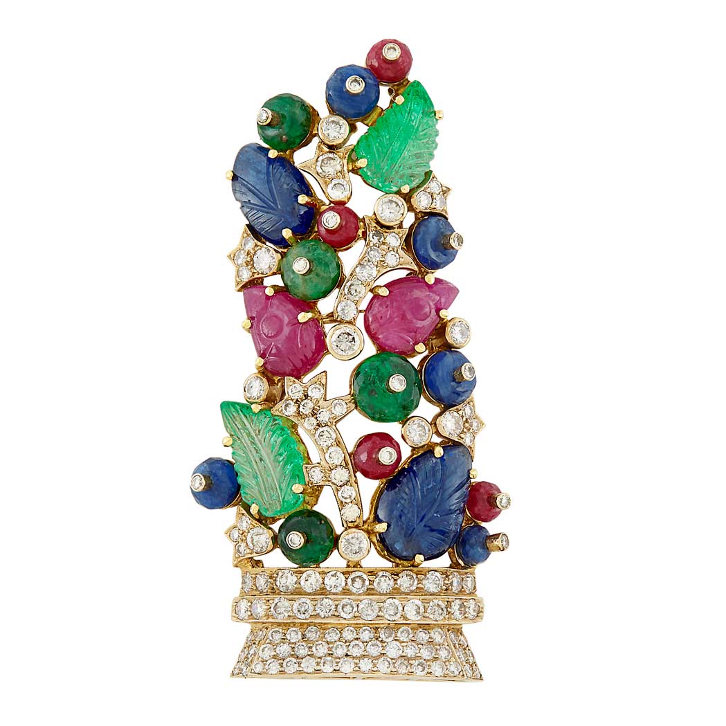 Appraisal: Gold Carved Colored Stone Gemstone Bead and Diamond Clip Ruby