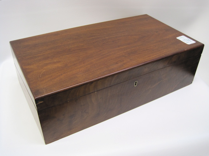 Appraisal: AMERICAN MAHOGANY WRITING BOX opens to felt lined writing surface