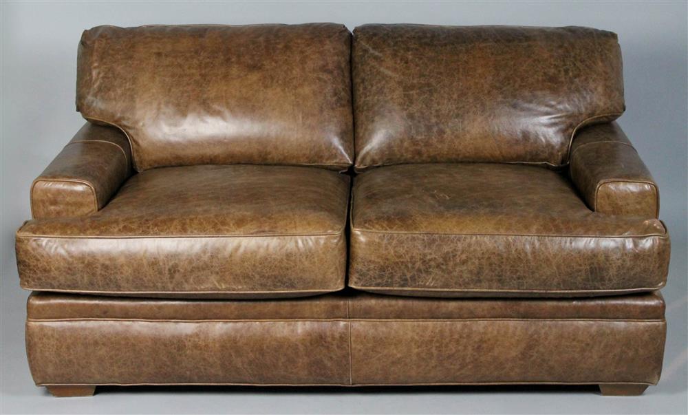 Appraisal: PEARSON ANTIQUED BROWN LEATHER CLUB SOFA having a straight back