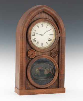 Appraisal: An Ingraham Shelf Clock Venered wood case with Gothic arch