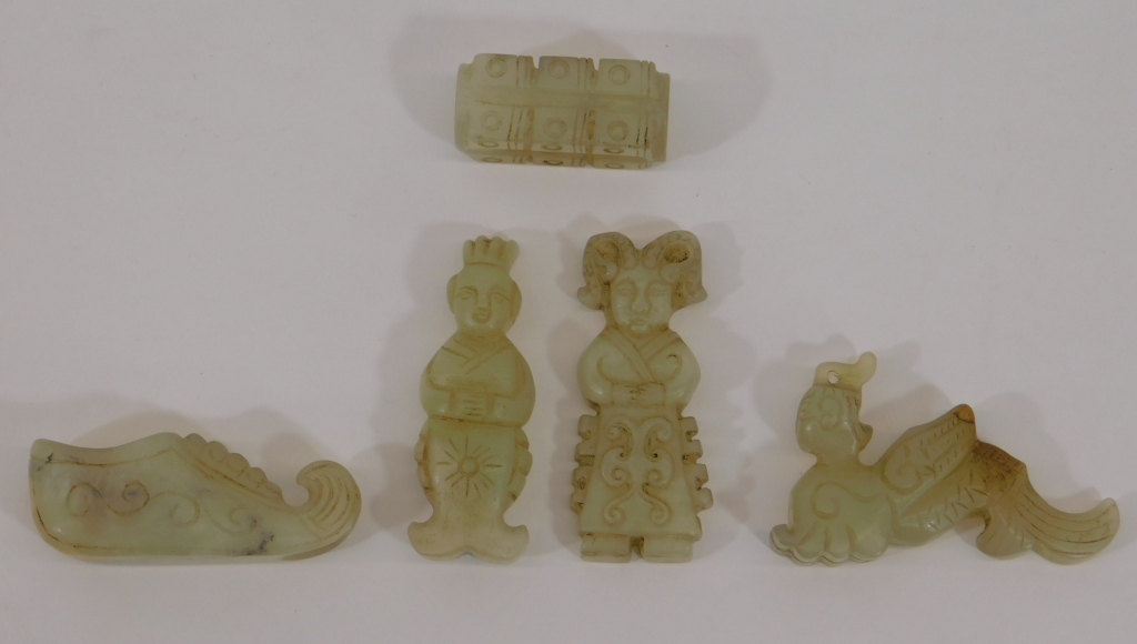 Appraisal: PC CHINESE ARCHAIC CARVED FIGURAL JADEITE China Qing DynastyLot includes