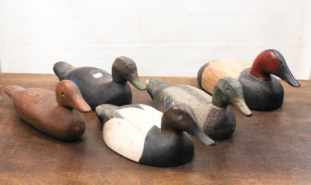 Appraisal: SIX HAND CARVED CANVASBACK DUCK DECOYS to long