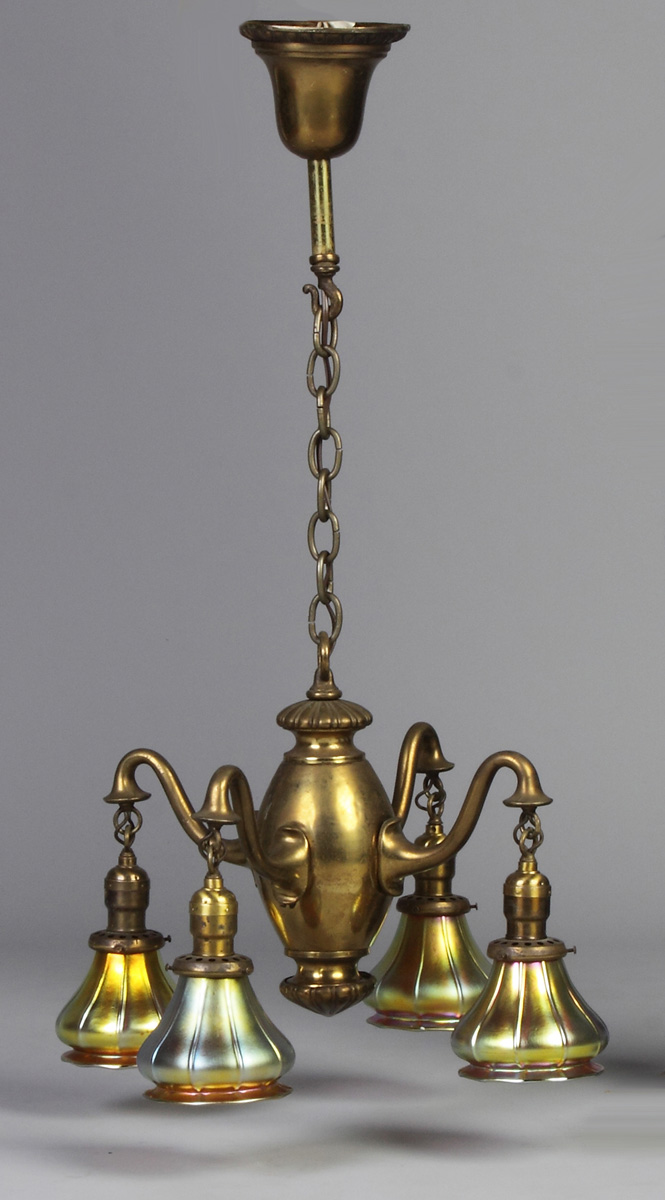 Appraisal: Hanging Fixture with Four Steuben Ribbed Shades Early th cent