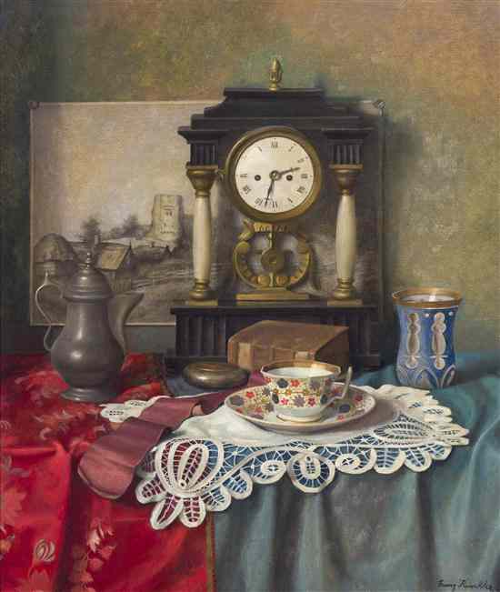 Appraisal: Franz Krischke Austrian - Still Life with Clock oil on