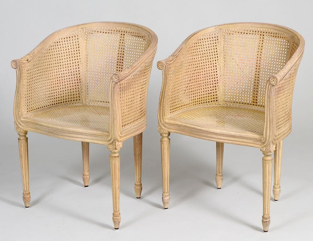 Appraisal: FOUR LOUIS XVI STYLE BLEACHED CANED TUB CHAIRS Modern The